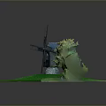 Black Windmill Model Display On Green Grass Base With Small Tree