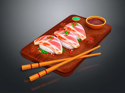 Fresh Sushi Slices on Wooden Board with Chopsticks and Soy Sauce Garnished 3d model