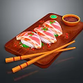 Fresh Sushi Slices on Wooden Board with Chopsticks and Soy Sauce Garnished