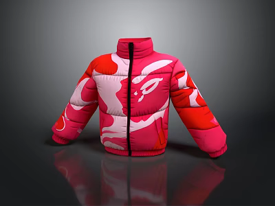 Pink And Red Padded Jacket With Abstract Pattern And Front Zipper 3d model