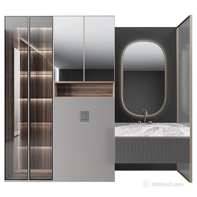 Elegant Modern Bathroom Vanity Design With Marble Countertop Oval Mirror And Ambient Lighting 3d model 