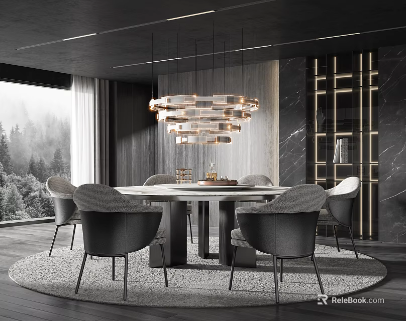 Elegant Modern Restaurant Interior With Marble Dining Table And Chandelier 3d model