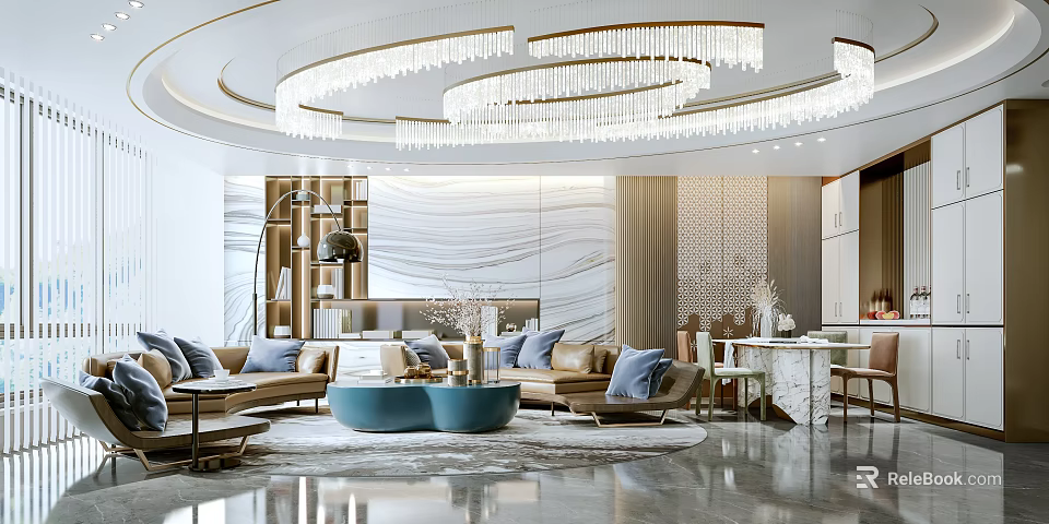 Luxurious Living and Dining Room Interior With Crystal Chandeliers Blue Coffee Table And Cozy Sofas 3d model 