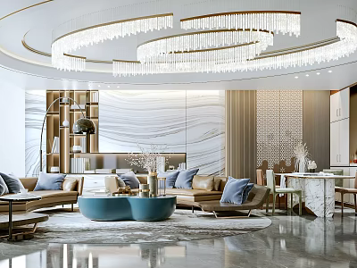 Luxurious Living and Dining Room Interior With Crystal Chandeliers Blue Coffee Table And Cozy Sofas 3d model