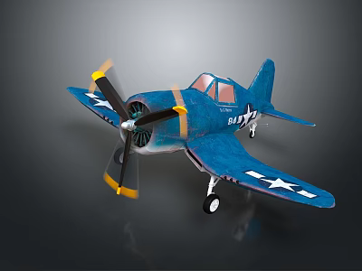 Blue Fighter Jet With Propeller And White Stars 3d model