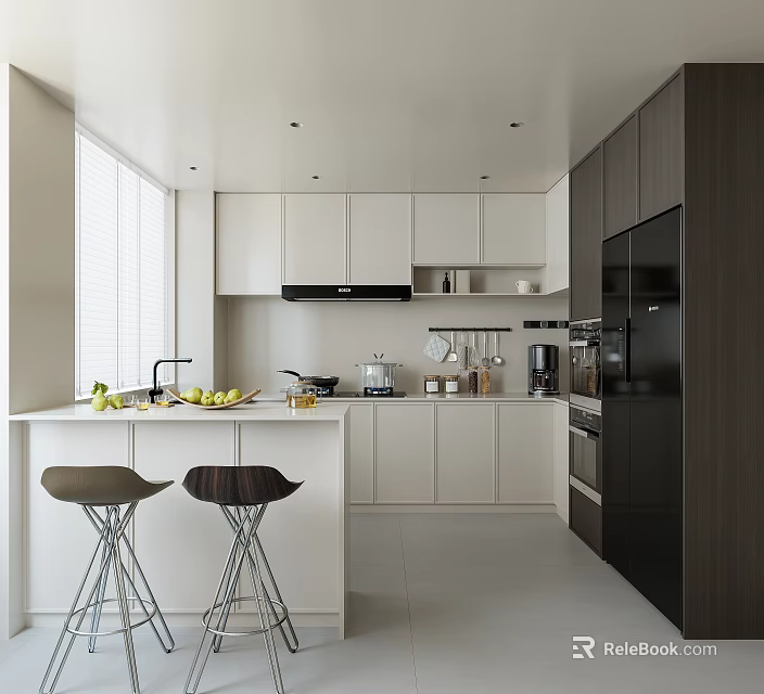 Modern Kitchen Interior Design With White Cabinets Black Appliances And Island Bar Stools 3d model 