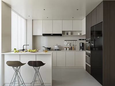 Modern Kitchen Interior Design With White Cabinets Black Appliances And Island Bar Stools 3d model