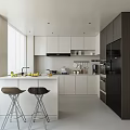 Modern Kitchen Interior Design With White Cabinets Black Appliances And Island Bar Stools