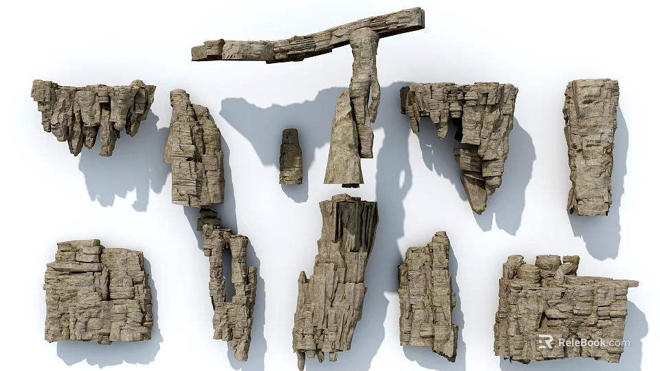 Natural Stone And Wood Design Elements With Textured Surfaces And Irregular Shapes 3d model 