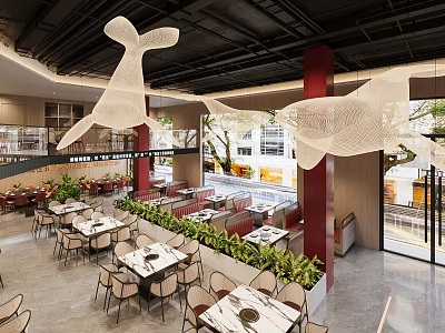 Modern Restaurant Interior Featuring Hanging White Whale Decorations Red Pillars Dining Tables And Green Plants 3d model