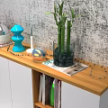 Entryway Cabinet Sideboard White with Wooden Top Open Shelves Books Decorations Green Plant Gray Wall