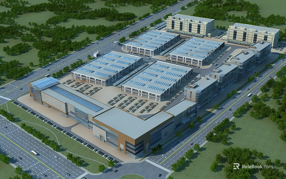 Modern Industrial Factory Complex With Multiple Buildings Greenery Parking And Road Access 3d model