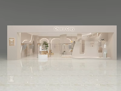 Choco Cozy Clothing Store Interior With Soft Tones Display Racks And Plants 3d model