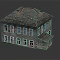 Vintage Residential Building with Wooden Exterior Tiled Roof Chimneys Multiple Windows and Small Annex