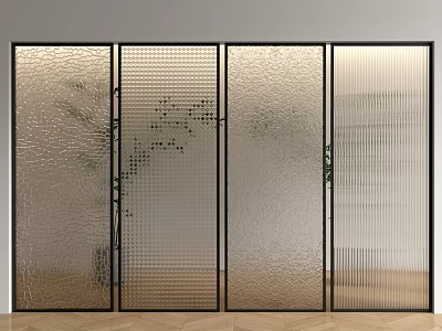 Modern Textured Glass Room Divider with Black Frame and Plants for Indoor Space Separation 3d model