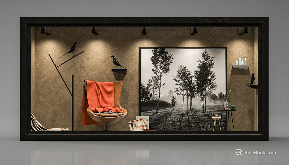 Stylish Window Display With Textured Wall Spotlights Orange Blanket Armchair And Black White Tree Painting 3d model 