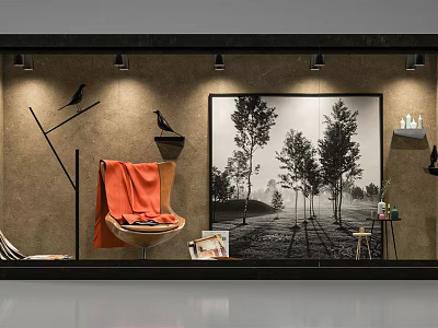 Stylish Window Display With Textured Wall Spotlights Orange Blanket Armchair And Black White Tree Painting 3d model