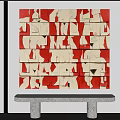 Red And White Abstract Collage Artwork On Wall With Stone Console Table Below 3d model