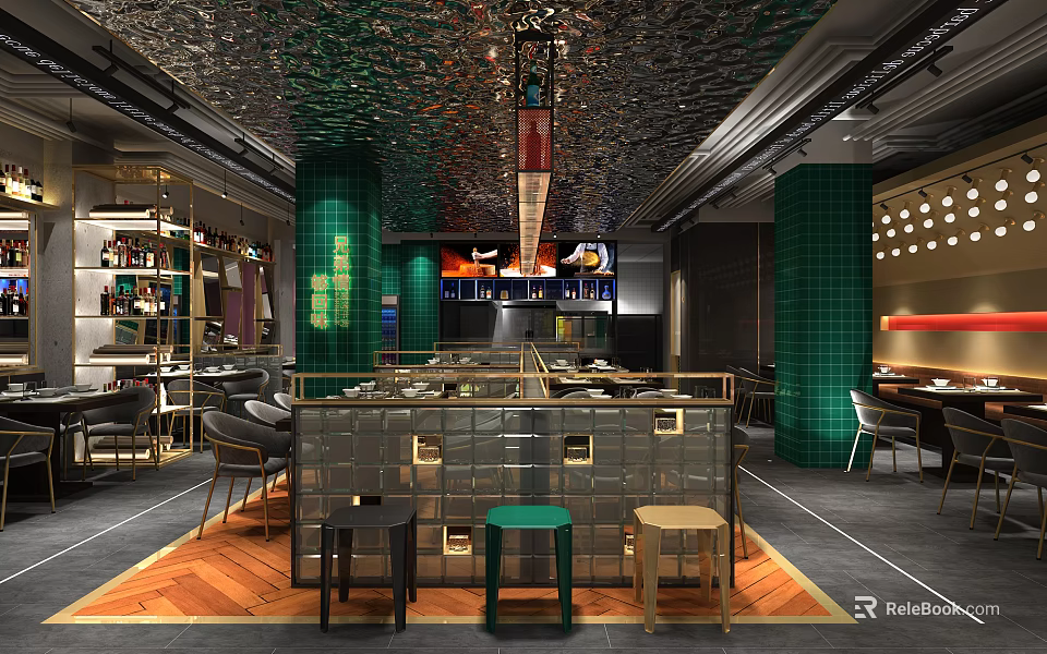 Modern Restaurant Interior Featuring Green Pillars Black Shiny Ceiling Central Counter And Stylish Stools 3d model 