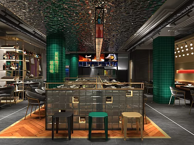 Modern Restaurant Interior Featuring Green Pillars Black Shiny Ceiling Central Counter And Stylish Stools 3d model