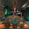 Modern Restaurant Interior Featuring Green Pillars Black Shiny Ceiling Central Counter And Stylish Stools