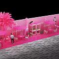 Pink Outdoor Setting With Palm Tree Umbrella Chairs And Romantic Journey