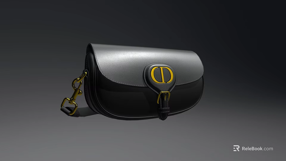 Stylish Black And Gray Leather Saddle Bag With Gold CD Logo And Hardware 3d model 