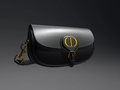 Stylish Black And Gray Leather Saddle Bag With Gold CD Logo And Hardware 3d model