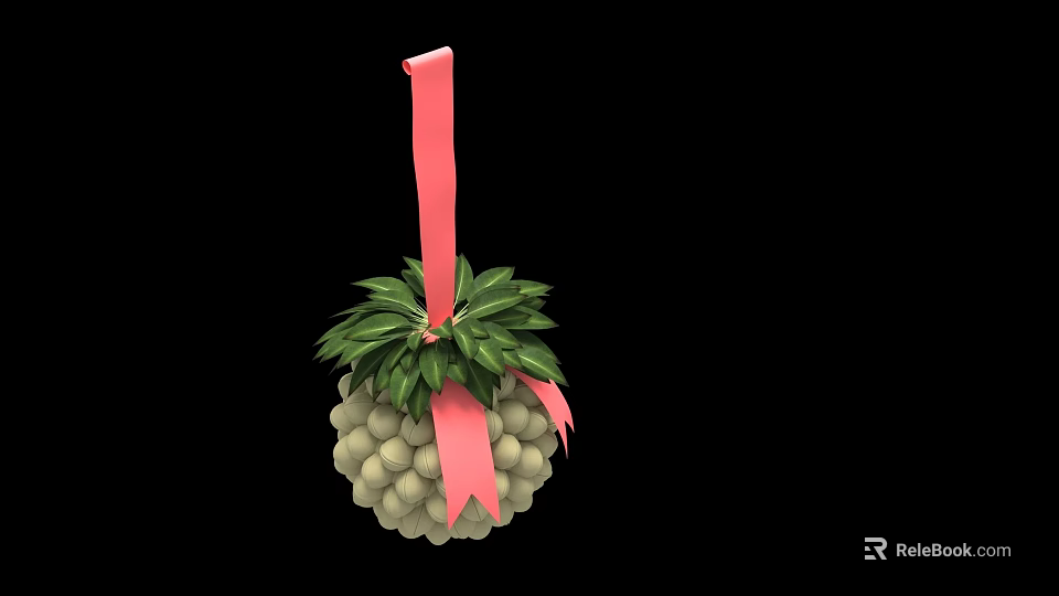 Decorative Ornament Decoration Set With Pink Ribbon Green Leaves And Beaded Ball 3d model 