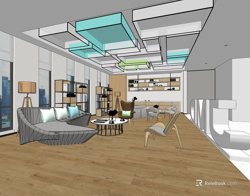 Modern Front Desk Reception Interior Design With Sofa Coffee Table Bookshelf And Geometric Ceiling 3d model