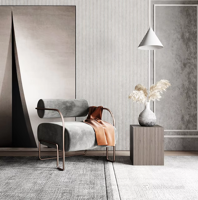 Modern Gray Single Sofa With Copper Frame Orange Throw Blanket And Wooden Side Table 3d model 