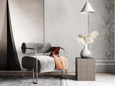 Modern Gray Single Sofa With Copper Frame Orange Throw Blanket And Wooden Side Table 3d model