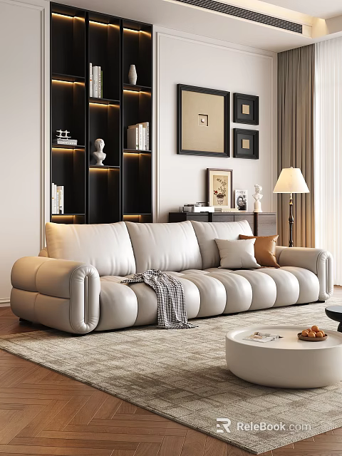 Modern Living Room Sofa Coffee Table Set with Cream Cushions Round Table and Decorative Items 3d model 