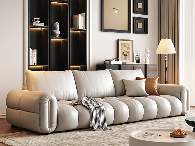 Modern Living Room Sofa Coffee Table Set with Cream Cushions Round Table and Decorative Items 3d model