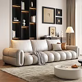 Modern Living Room Sofa Coffee Table Set with Cream Cushions Round Table and Decorative Items