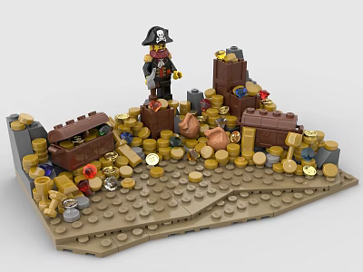 Creative Building Blocks Pirate Treasure Scene With Pirate Figure Treasure Chest Gold Coins And Pottery 3d model