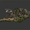 Natural Stone Stairs Flanked By Traditional Stone Lanterns With Green Moss And Rock Background