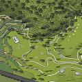 Park Landscape With Rolling Hills Lush Trees Cherry Blossoms Lawn Winding Paths And White Statue