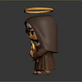 Toy Figure in Brown Robe With Golden Halo Black Eye Covering And Golden Circular Object