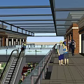 Vibrant Commercial Street Featuring Glass Canopy Shops Green Plants And Pedestrians