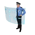 A Man in Blue Uniform and Cap Standing with Transparent Display Screen 3d model