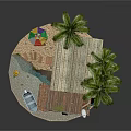 Wooden Cabin with Palm Trees on Coastal Beach Featuring Small Boat and Colorful Umbrella