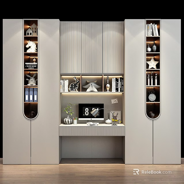 Modern White Wardrobe Interior Design With Striped Panels Open Shelves And Decorative Items 3d model 
