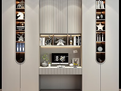 Modern White Wardrobe Interior Design With Striped Panels Open Shelves And Decorative Items 3d model