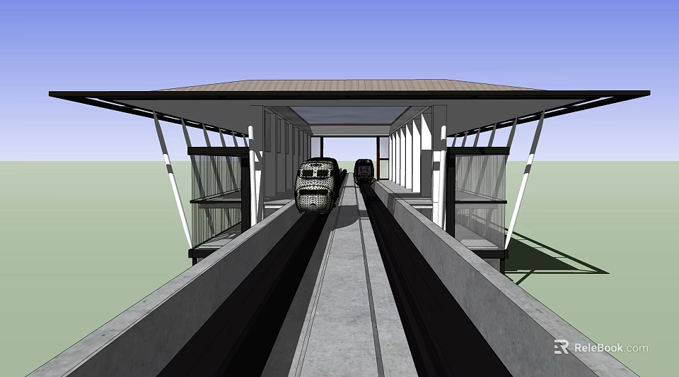 Modern Covered Subway Station Platform With Train On Tracks And Glass Railings 3d model 