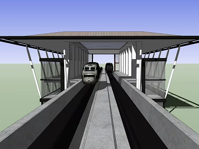 Modern Covered Subway Station Platform With Train On Tracks And Glass Railings 3d model