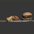 Juicy Hamburger With Cheese Patty And Fresh Vegetables Served With Crispy Fries On Wooden Board