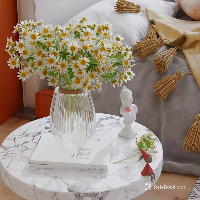 Transparent Glass Vase With White Daisies On Marble Tabletop And Small Figurine 3d model 