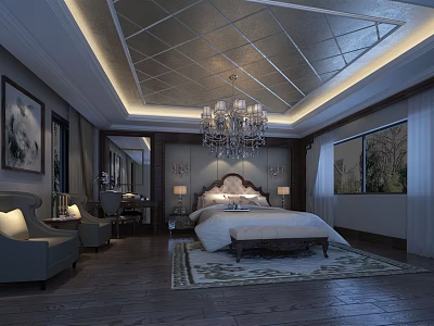 Luxurious Hotel Guest Room Interior With Elegant Bed Chandelier Area Rug And Decorative Paintings 3d model