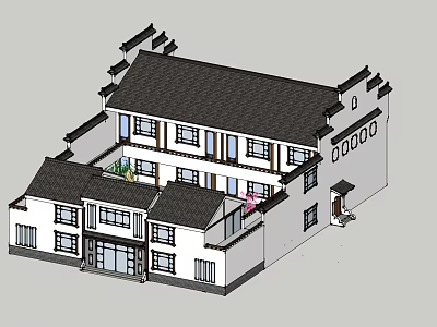 Chinese Style Detached Villa With Traditional Sloped Roof White Walls And Wooden Decorations 3d model